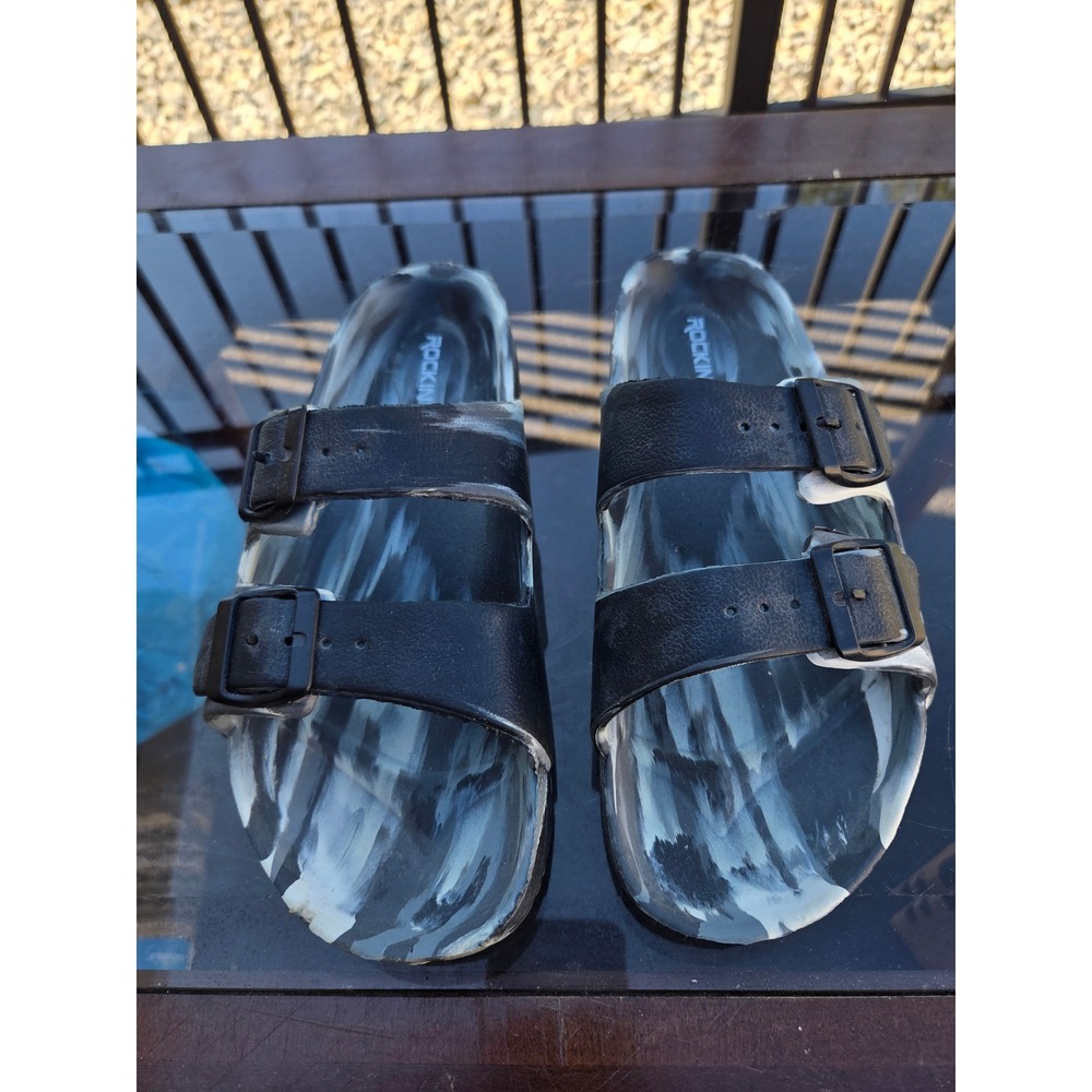 Rockin Marble Print Double Strap Slide Sandals Black White Size 42